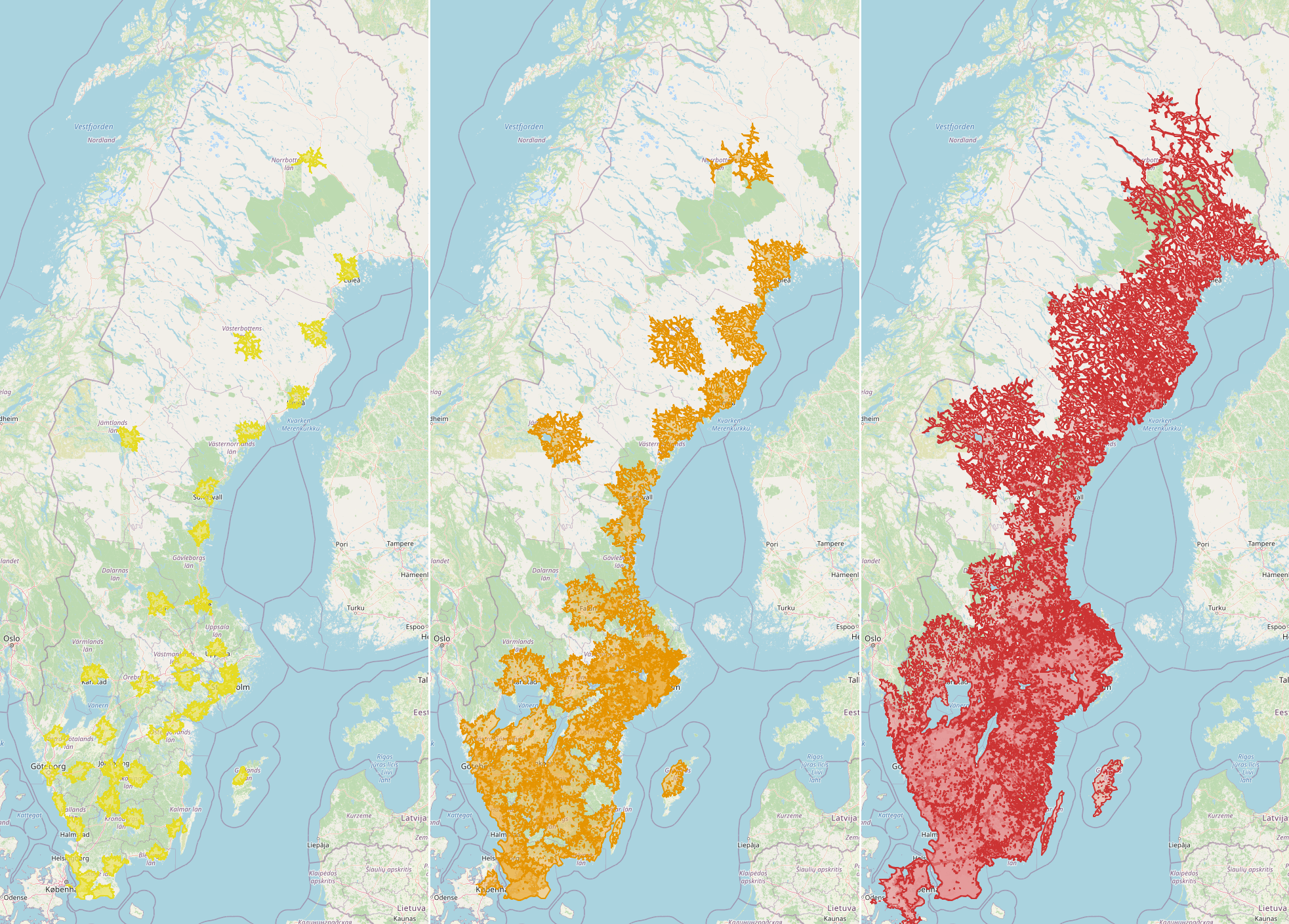 Areas in Sweden from which one can reach a delivery ward by car within half an hour